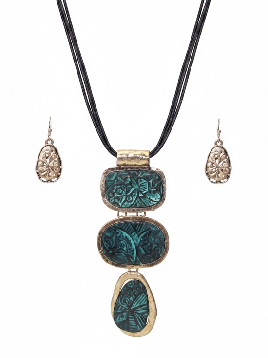 Fashion Jewelry Jewelry - Women Brown Cord Gold Green Pendant Earring Necklace Set
